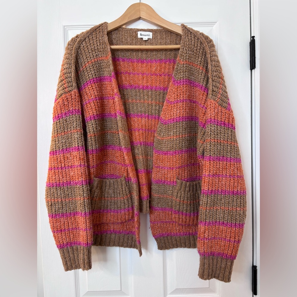 &merci Brown and Pink Striped Cardigan